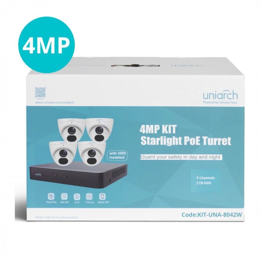 UNIARCH 8CH KIT WITH 4 X 4MP STARLIGHT TURRET AND 2TB HDD (IN A KIT BOX)