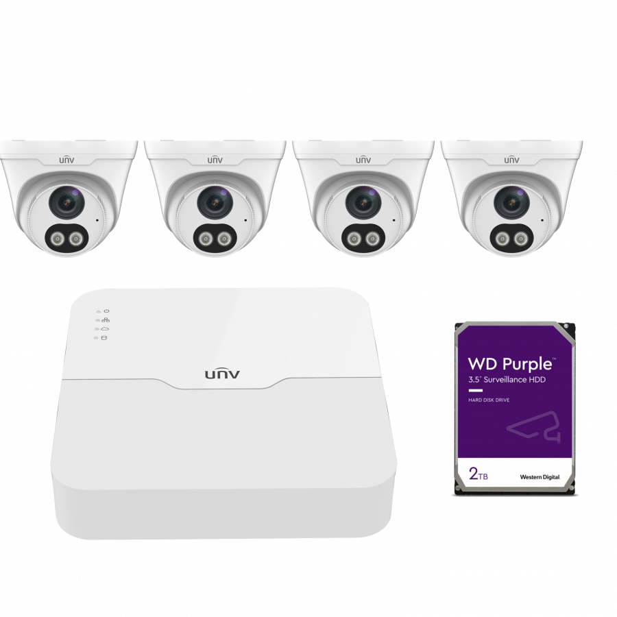 UNV KIT 4x 4MP ColorHunter Fixed Dual-light Turret Network Camera + 4CH NVR + 2TB