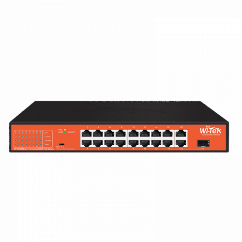 Wi-Tek 16FE+1GE+1Combo SFP Ports 250M Long Range PoE Switch with 16Port PoE